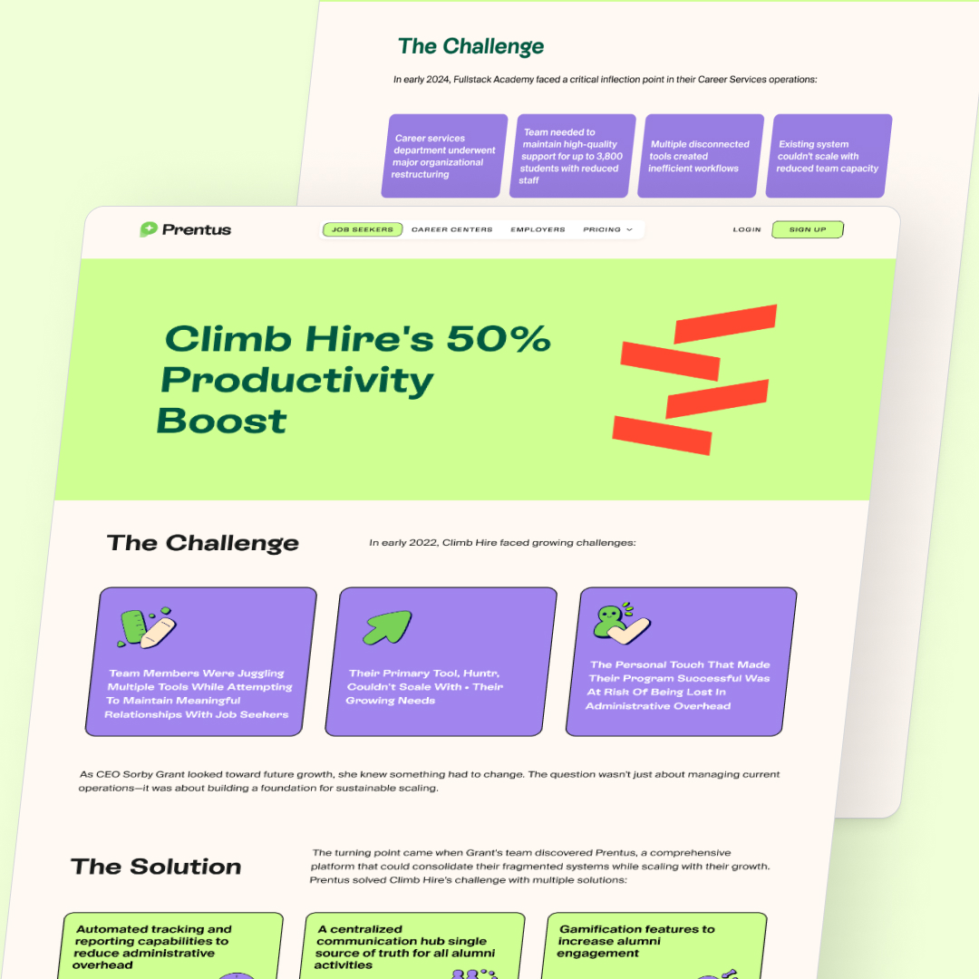 Two web page snapshots highlight Climb Hires productivity boost. The page outlines challenges and solutions, emphasizing a 50% productivity increase. With a design subscription featuring green and purple colors, it showcases bold headers and brief, clear sections.
