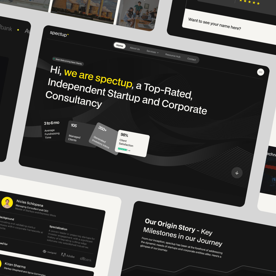 A digital collage showcases a websites dark-themed homepage, highlighting a consultancys top-rated services and unlimited graphic design options. Featuring metrics like 98% client satisfaction, it includes sections on team members and company milestones.