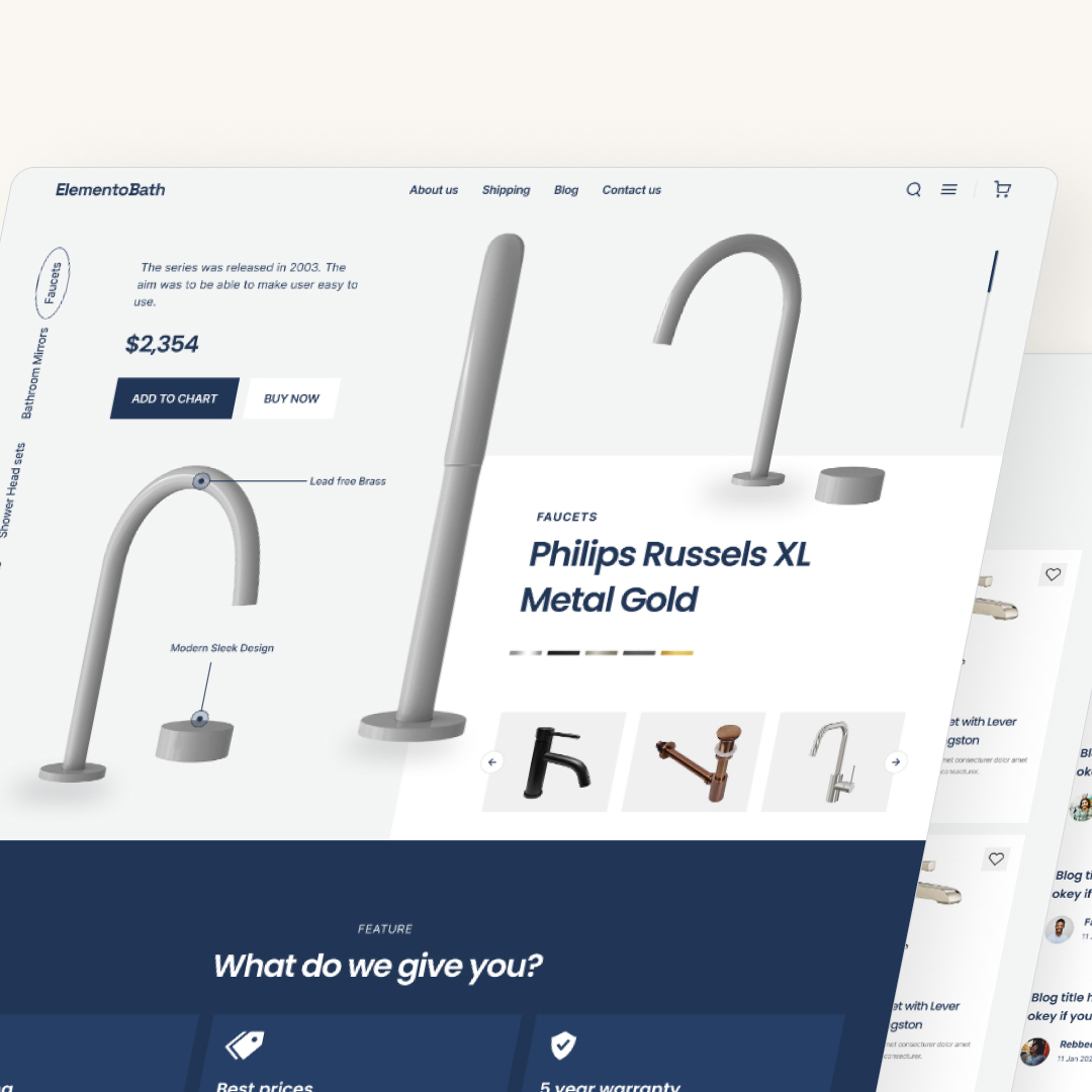 A website layout showcasing a modern faucet design, featuring the Philips Russels XL Metal Gold. Explore pricing, product details, and menu options for shipping, about us, and shop. Enjoy unlimited graphic design insights with our highlighted features.