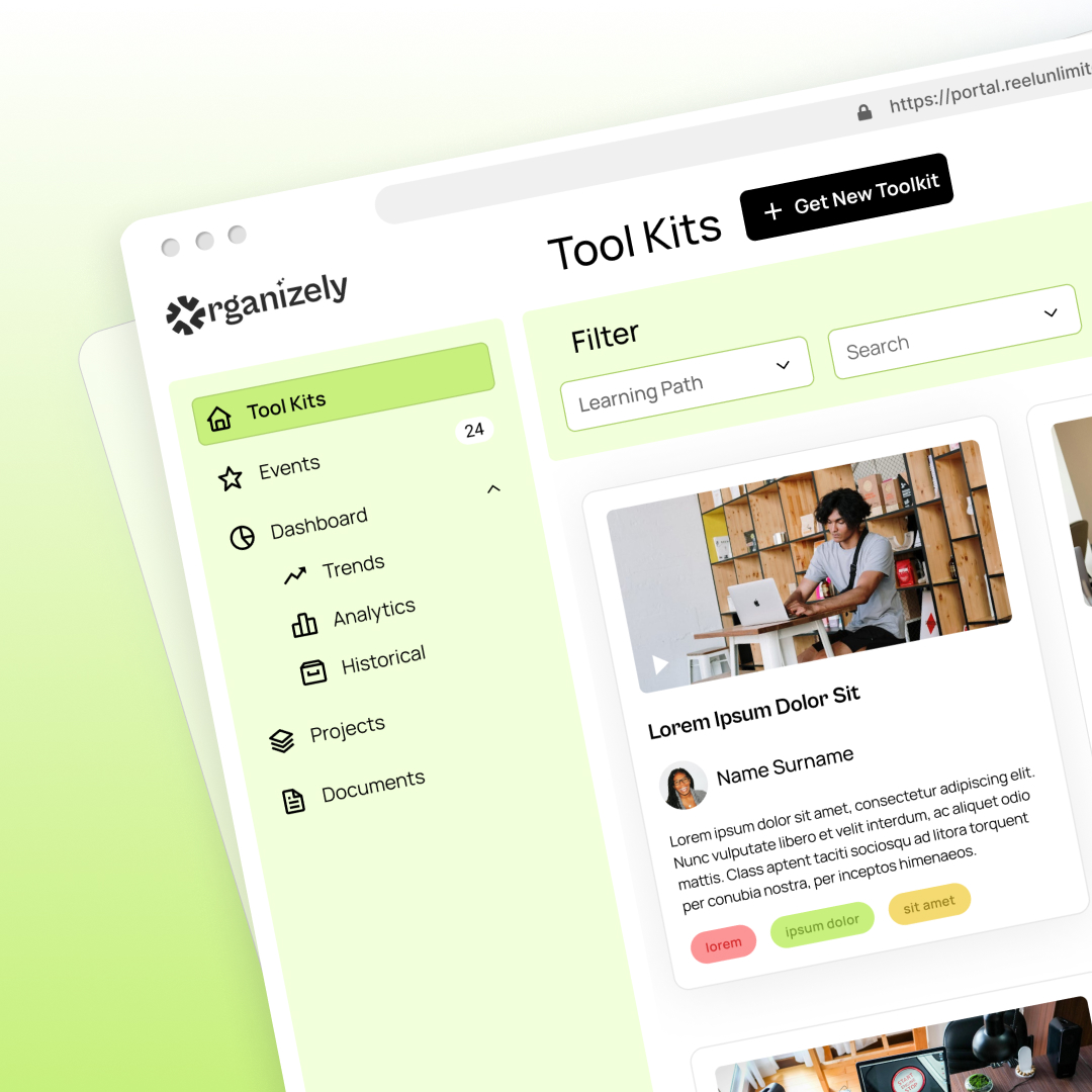 A computer screen displays the Organizely web portal, showcasing a seamless workspace. The interface features a sidebar with icons for Events, Dashboard, and Projects, complemented by an image of a person working at a desk—a perfect hub for those enjoying unlimited graphic design possibilities.