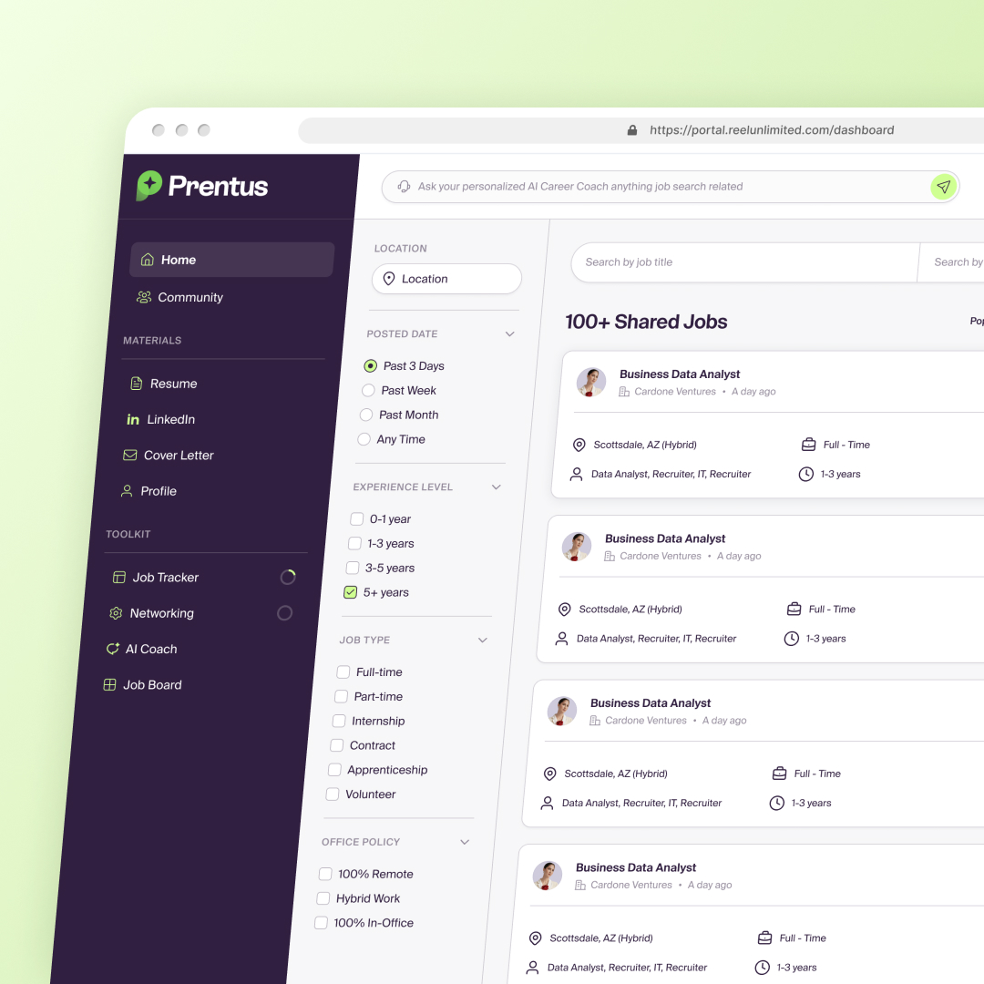 A website dashboard displays options for job searching, including filters for location, date, and job type. The screen shows Business Data Analyst listings with details like company, location, and job type. The sidebar offers tools and a design subscription option to enhance your profile.