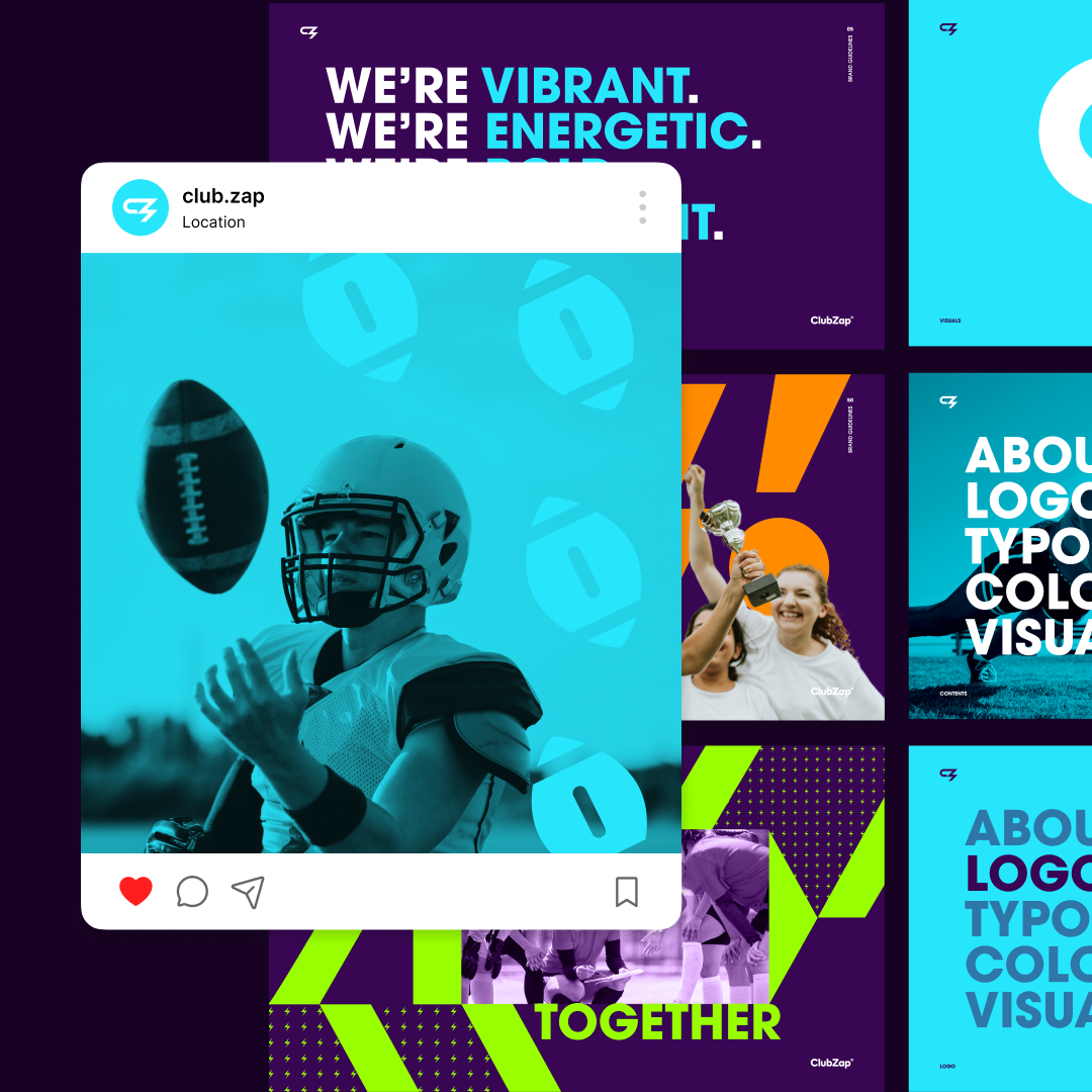Collage of vibrant sports-themed graphics. Central image shows an American football player catching a ball, overlaid with a blue filter. Surrounding text features motivational phrases like Were vibrant, Together, and emphasizes unlimited graphic design along with logo typography and color visual.