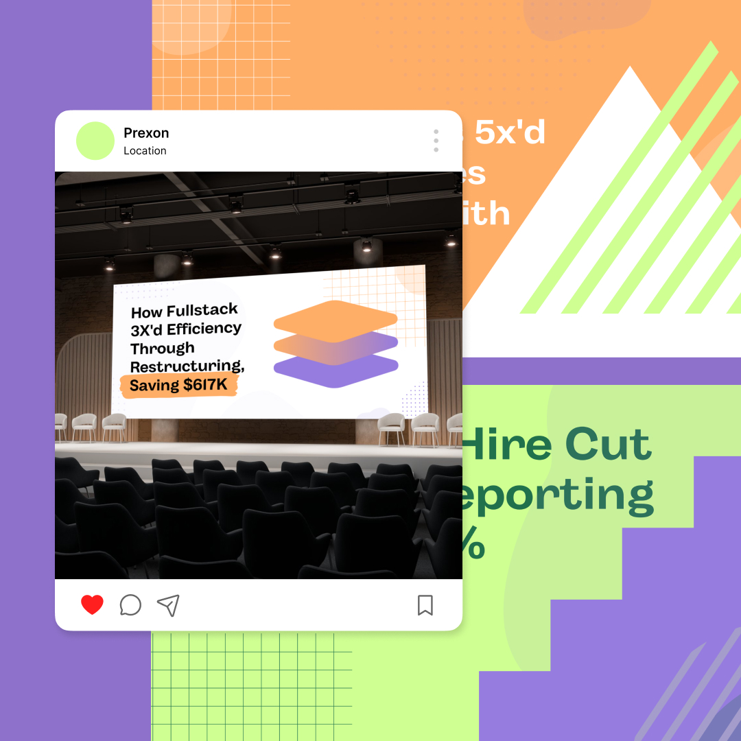 A digital illustration of a social media post over a graphic background. The post shows an empty conference room with a large screen displaying the text, How Fullstack 3X’d Efficiency Through Restructuring, Saving $617K, highlighting the benefits of an unlimited graphic design service. Abstract shapes complete the composition.